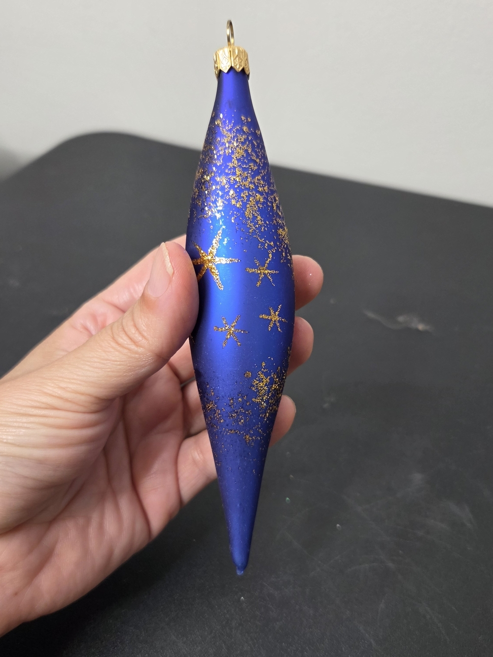 Vintage Poland Blue and Gold Starburst Hand Blown Glass Ornament